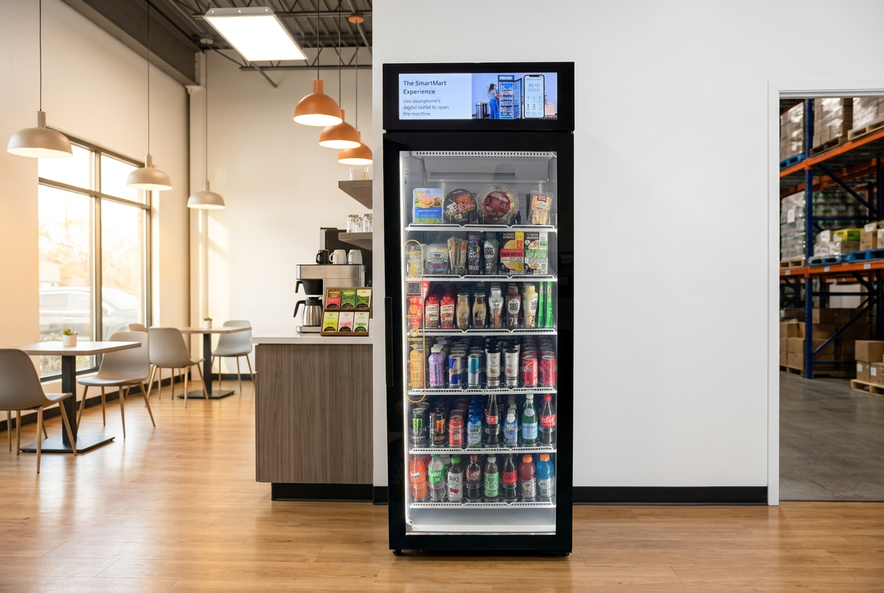 Modern warehouse breakroom with a Sandstar ARK self-service micro-market stocked with fresh food and drinks