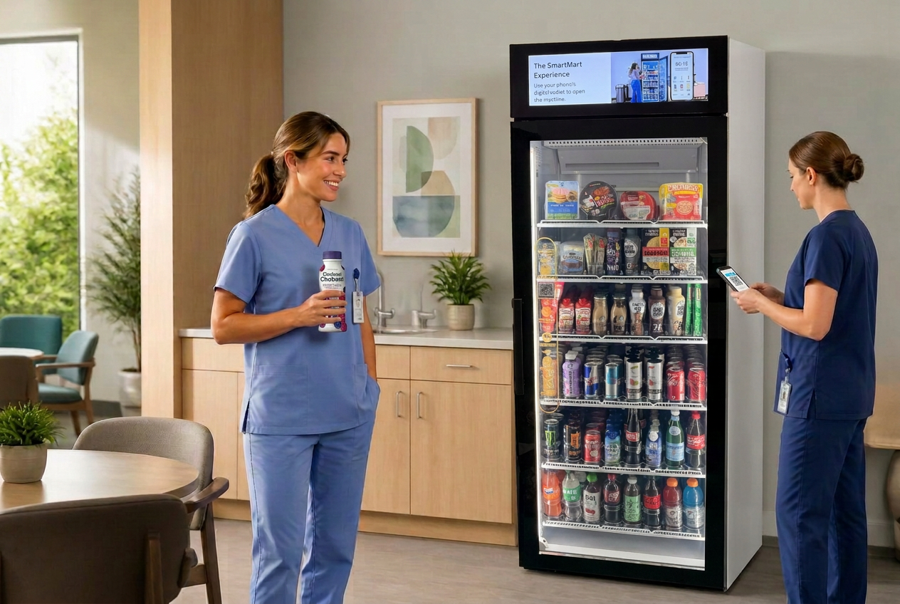 Two nurses in scrubs enjoying coffee and snacks in a bright modern medical office breakroom