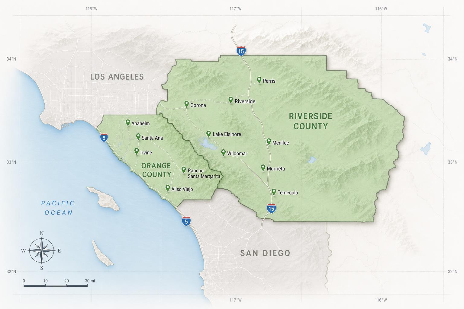 Map of Southern California highlighting Healthy Snacks SoCal's service area across Riverside County and Orange County, including Temecula, Murrieta, Menifee, Lake Elsinore, Wildomar, Perris, Corona, Riverside, Irvine, Anaheim, Santa Ana, Rancho Santa Margarita and Aliso Viejo.
