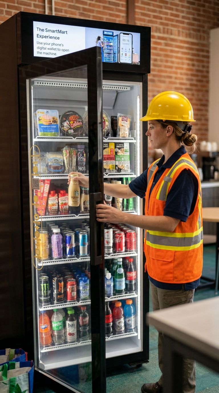 Warehouse worker in safety vest and hard hat grabbing a Starbucks Vanilla Frappuccino from the Sandstar ARK smart cooler